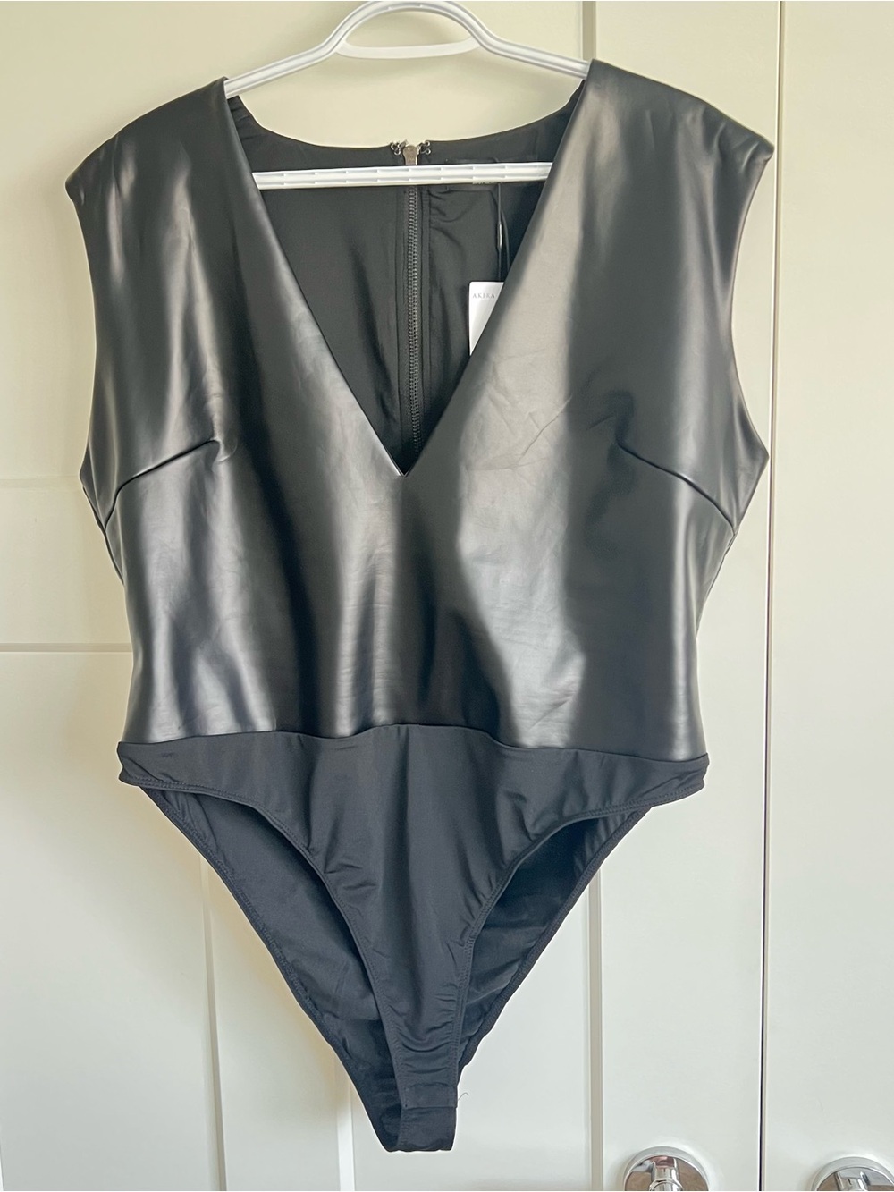 AKIRA Black Faux-Leather V-Neck Bodysuit Plus Size 1X